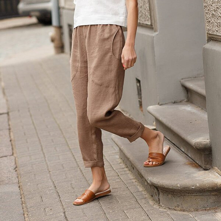 Damen nan leichte Leinenhose mit elastischem Bund, seitlichen Eingrifftaschen und gekrempeltem Saum EB