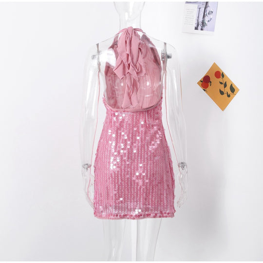 Damen Glamouröses Pailletten-Minikleid mit haltem Ausschnitt EB