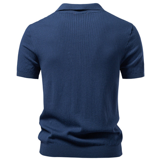 Herren nan fein geripptes Kurzarm-Poloshirt mit offenem Kentkragen EB
