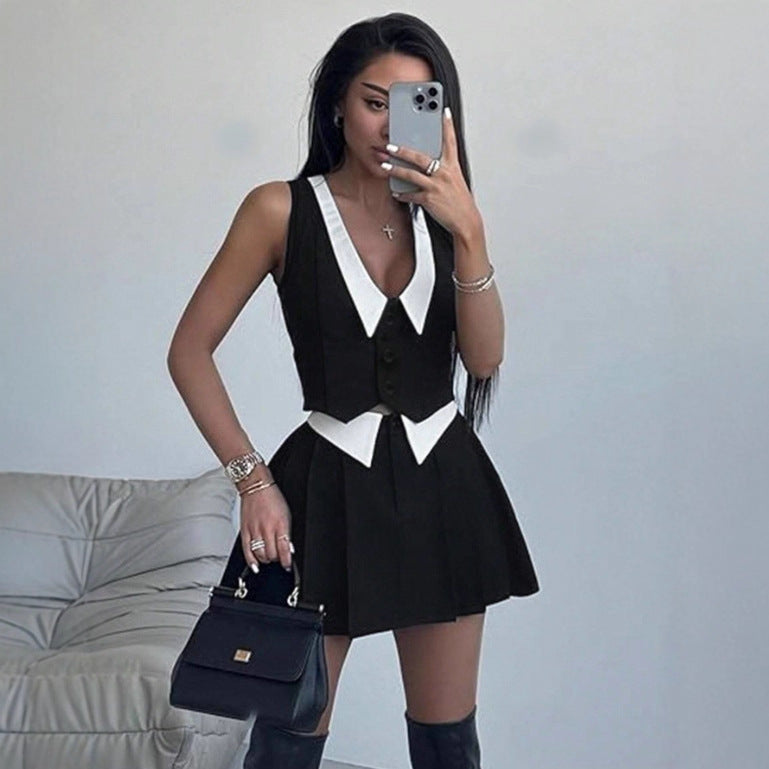 Damen schickes ärmelloses Blazer-Set mit Faltenrock EB