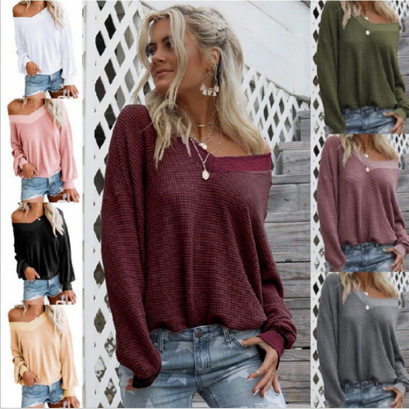Damen Lockerer Waffelstrick-Pullover mit weitem Off-Shoulder-Ausschnitt und Oversize-Schnitt EB