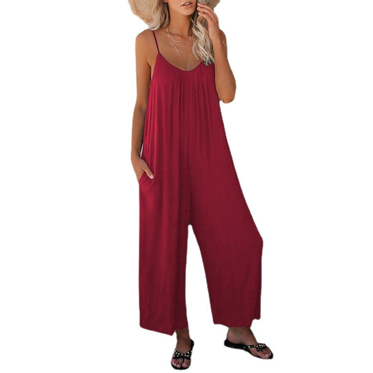 Damen Lässiger Sommer-Jumpsuit mit tiefem Ausschnitt und praktischen Taschen EB