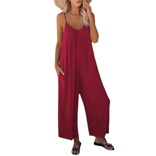 Damen Lässiger Sommer-Jumpsuit mit tiefem Ausschnitt und praktischen Taschen EB