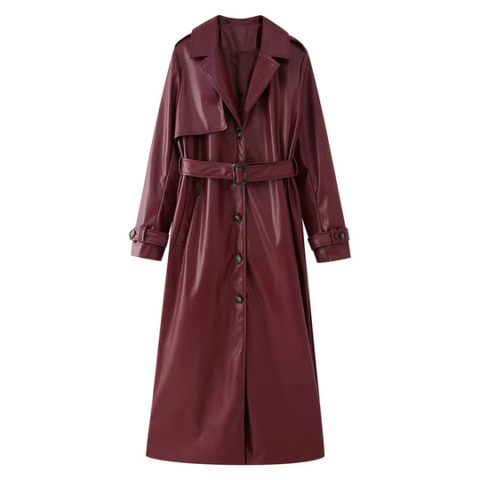Damen eleganter Kunstleder-Trenchcoat mit Gürtel EB