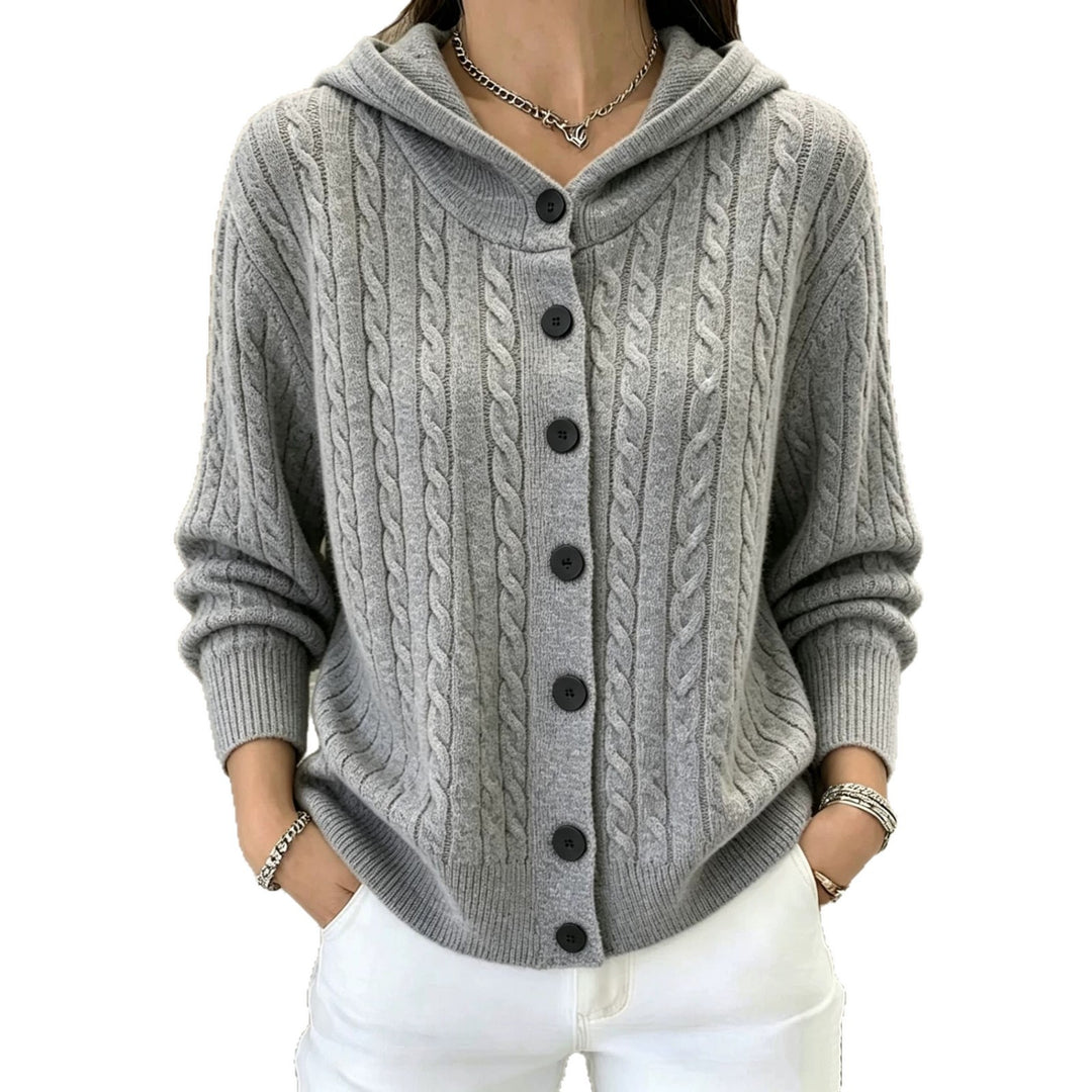 Damen Kapuzen-Cardigan mit Zopfmuster und durchgehender Knopfleiste EB