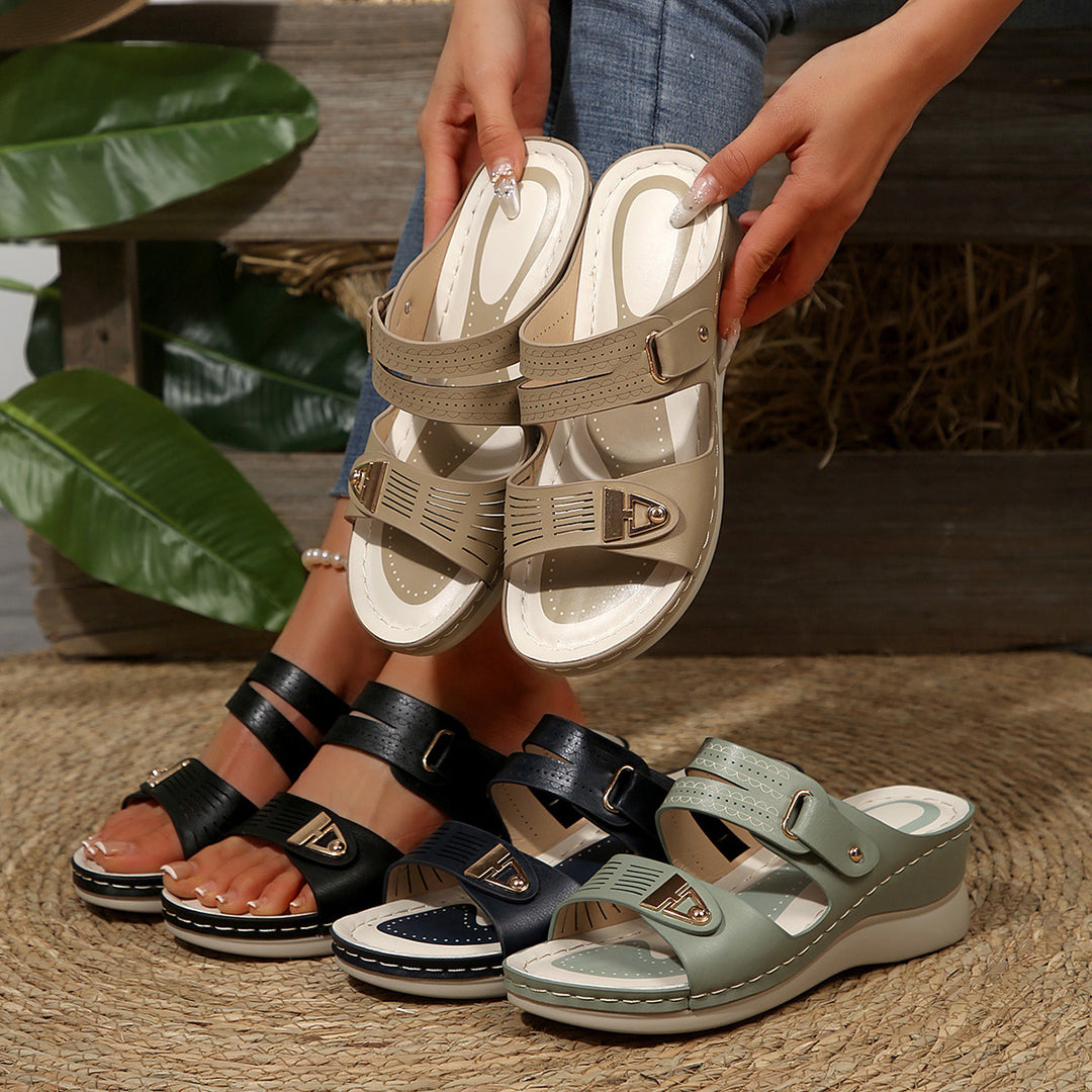 Damen Wedge-Pantoletten mit raffiniertem Riemchendesign und ergonomischem Fußbett EB