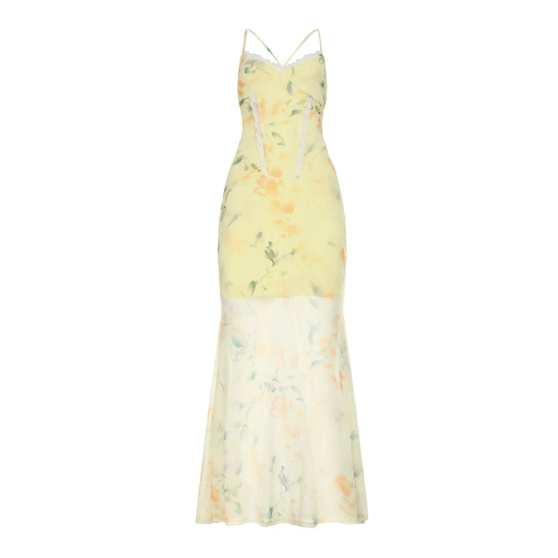 Damen Blumen Maxikleid mit raffinierten Spaghettiträgern und Spitzen-Akzenten EB