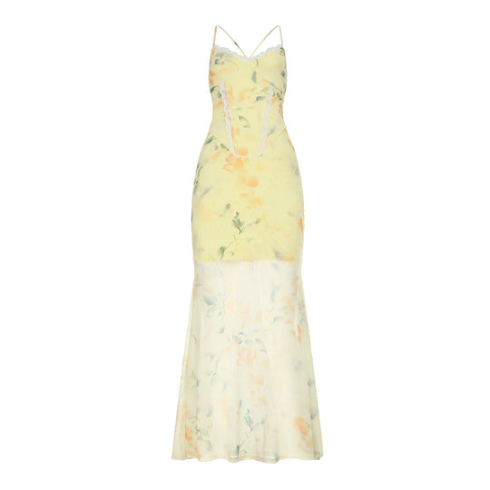 Damen Blumen Maxikleid mit raffinierten Spaghettiträgern und Spitzen-Akzenten EB