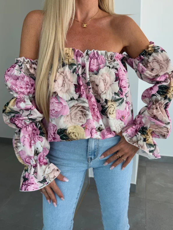 Damen Off-Shoulder Bluse mit Rüschendetails und floralen Mustern EB