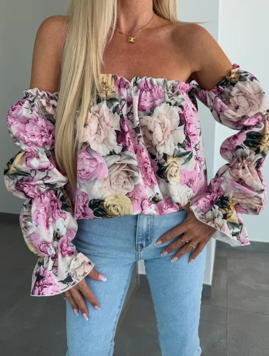 Damen Off-Shoulder Bluse mit Rüschendetails und floralen Mustern EB
