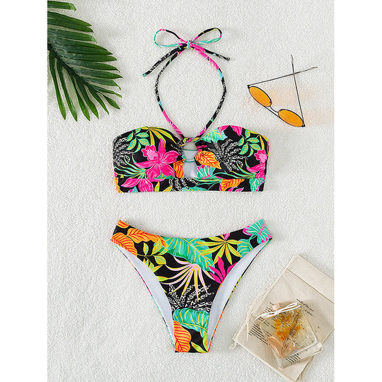 Damen Bandeau-Bikini mit floralem Design und cut-out Details EB