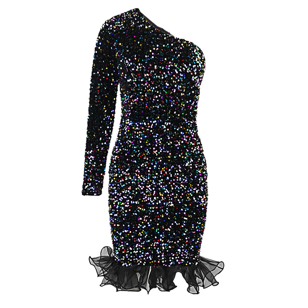 Damen Glamouröser Abendkleid mit funkelnden Pailletten und Rüschenabschluss EB