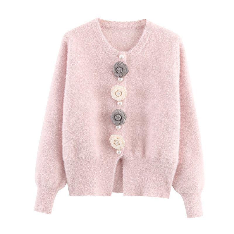 Damen stylische Strickjacke mit einzigartigen Blumenapplikationen EB