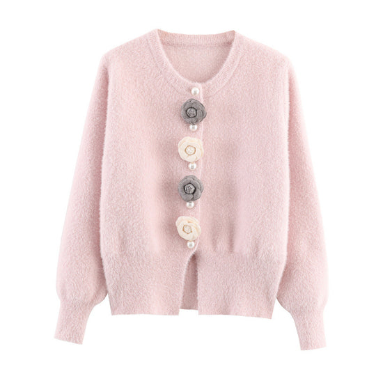 Damen stylische Strickjacke mit einzigartigen Blumenapplikationen EB