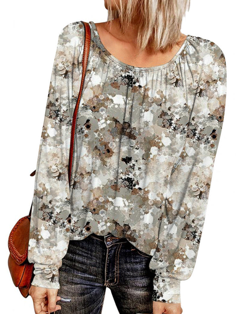 Damen Ethno-Print Oversize-Tunika mit Rundhalsausschnitt und langen Ballonärmeln EB