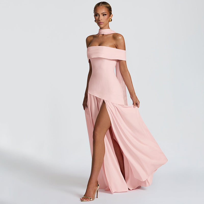 Damen Maxikleid mit schulterfreiem Design und seitlichem Schlitz EB