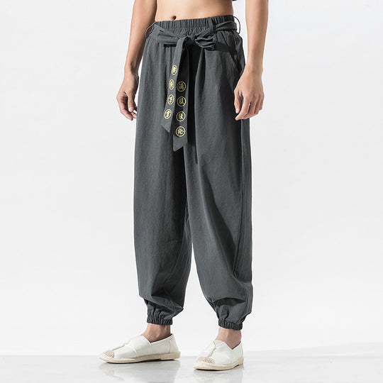 Damen nan weite Leinenhose mit Tunnelzug Bund Bindedetail und elastischen Knöchelabschlüssen EB