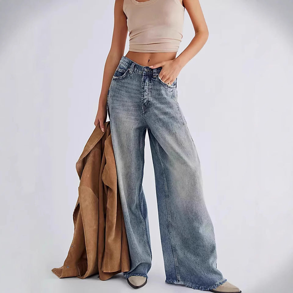 Damen Weite Denim-Hose mit fransigem Saum und hohen Schnitt EB