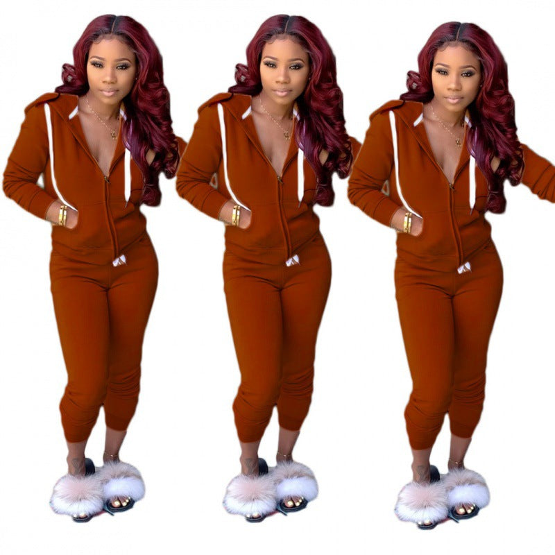 Damen tailliertes Kapuzen‑Sweatdress‑Set mit Reißverschluss und enganliegender Jogginghose EB
