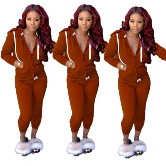 Damen tailliertes Kapuzen‑Sweatdress‑Set mit Reißverschluss und enganliegender Jogginghose EB