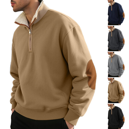 Herren nan legeres Halbzip-Sweatshirt mit Sherpagefüttertem Stehkragen und Kunstleder-Ellenbogenapplikation EB