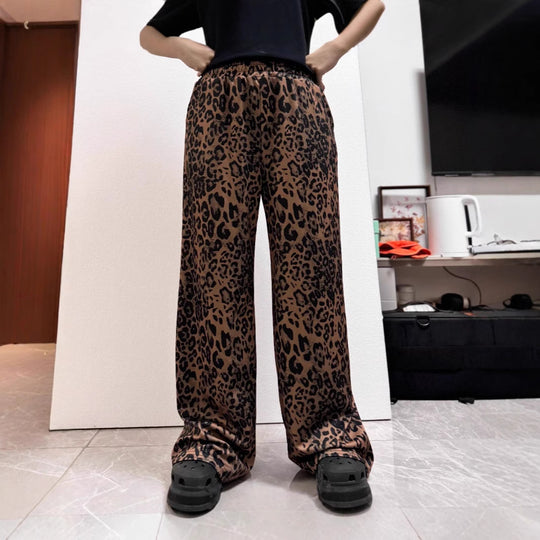 Damen Weite Leopard-Hose mit elastischem Bund und seitlichen Taschen EB