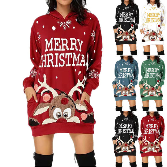 Damen Weihnachts-Kapuzenkleid mit auffälligem Rentier-Motiv EB