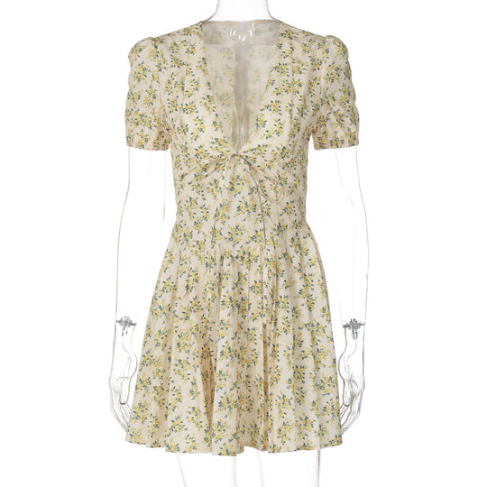 Damen Puffärmel Kleid mit tiefem V-Ausschnitt und tailliertem Design EB