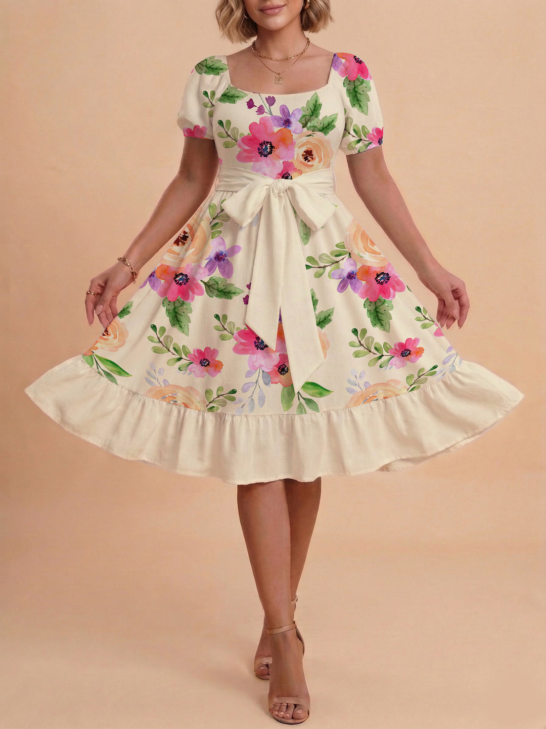 Damen Blumenkleid mit taillierbarem Gürtel und voluminösen Ärmeln EB
