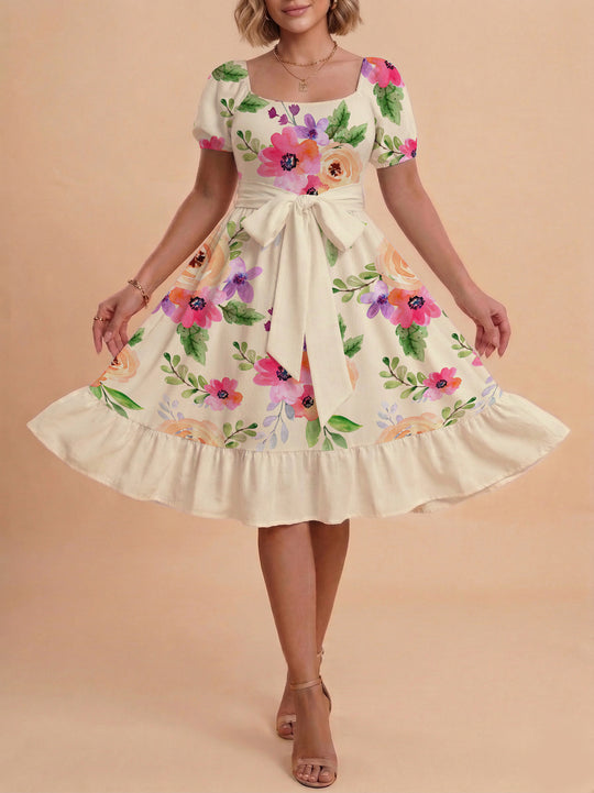 Damen Blumenkleid mit taillierbarem Gürtel und voluminösen Ärmeln EB