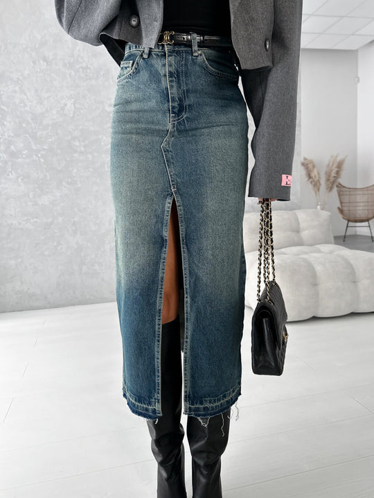 Damen Jeansrock mit hohem Schlitz im modernen Used-Look EB