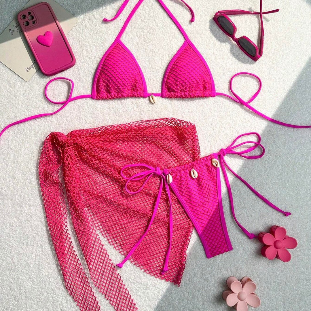 Damen Triangel-Bikini mit transparentem Netzgewebe und Schnürdetails EB