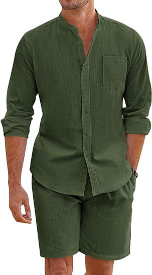Herren nan Leinenoptik-Zweiteiler mit Stehkragen-Hemd, Brusttasche und legeren Shorts EB