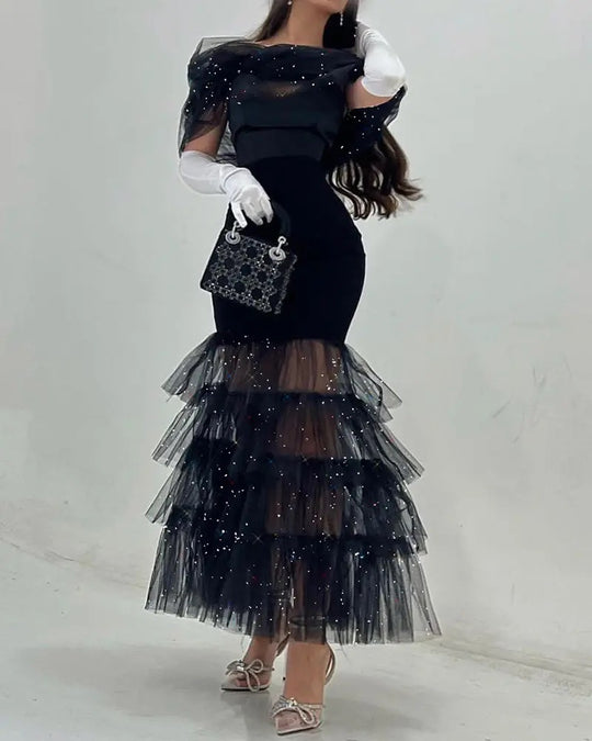 Damen Elegantes Abendkleid mit schimmernden Tülllagen und transparenter Schulterpartie EB