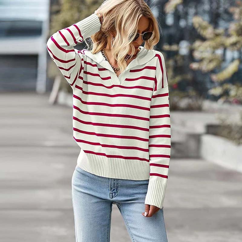EB | Pullover - Damen Winter Kragen Gestreifter Strickpullover