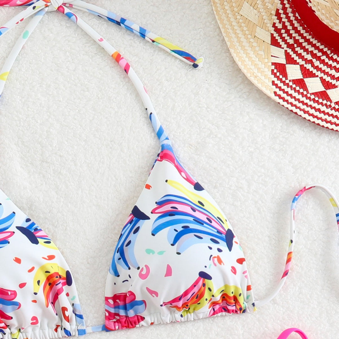 Damen Triangel-Bikini mit verspieltem Farbdesign und verstellbaren Bindebändern EB
