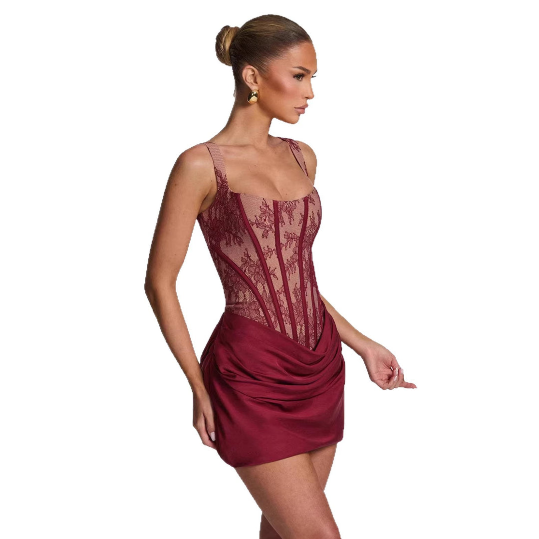 Damen Korsett-Kleid mit luxuriösen Spitzenakzenten und drapiertem Rock EB