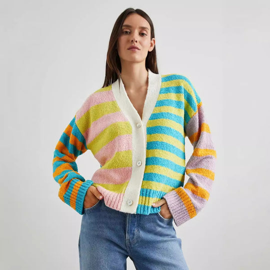 Damen lockerer gestreifter Frottee-Cardigan mit V-Ausschnitt und Knopfleiste EB