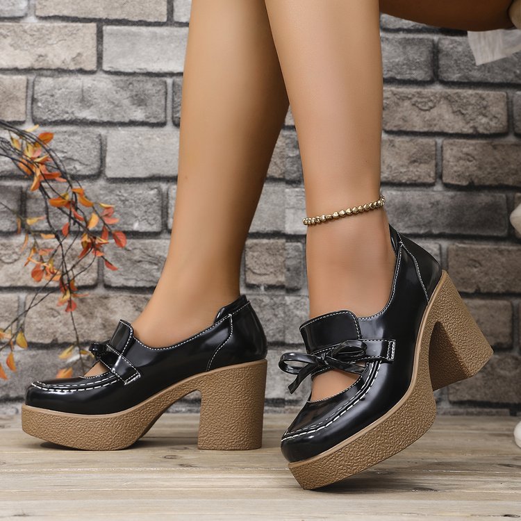Damen Mokassins mit Blockabsatz und dekorativem Schleifendetail EB