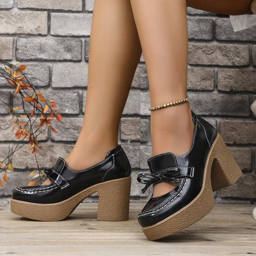 Damen Mokassins mit Blockabsatz und dekorativem Schleifendetail EB