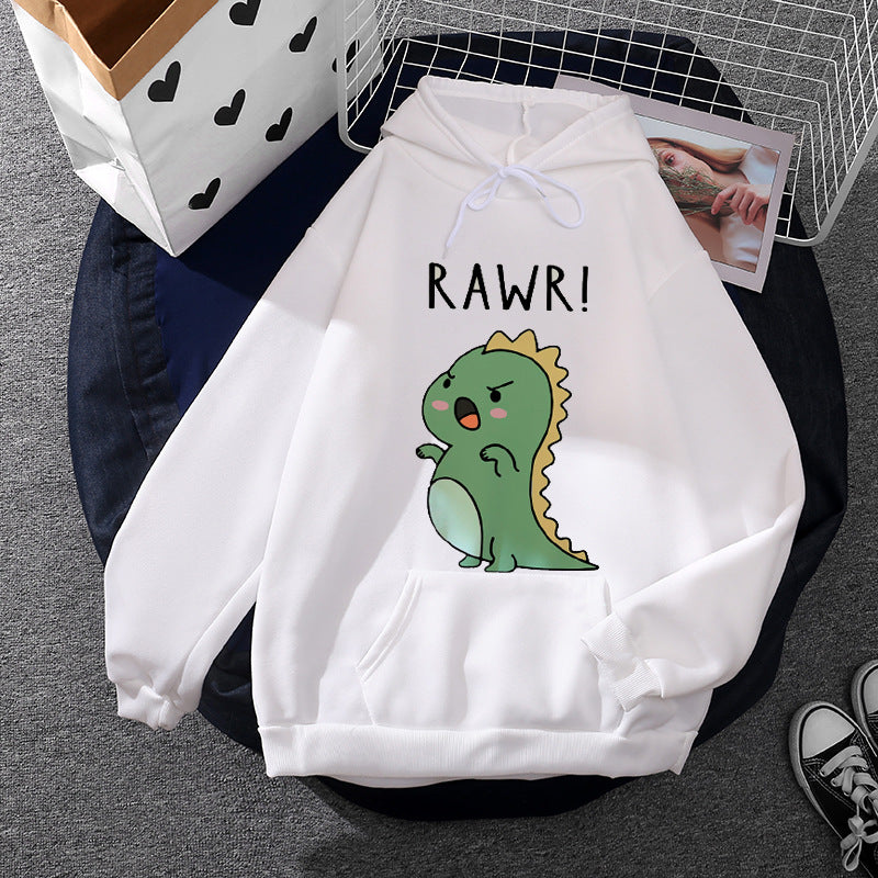 Damen nan Oversize-Kapuzenpullover mit kawaii Dinosaurier-Motiv, gerippten Bündchen und Kängurutasche EB