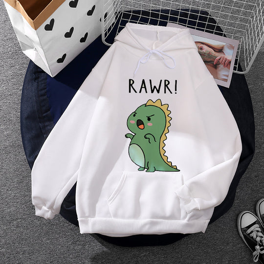 Damen nan Oversize-Kapuzenpullover mit kawaii Dinosaurier-Motiv, gerippten Bündchen und Kängurutasche EB