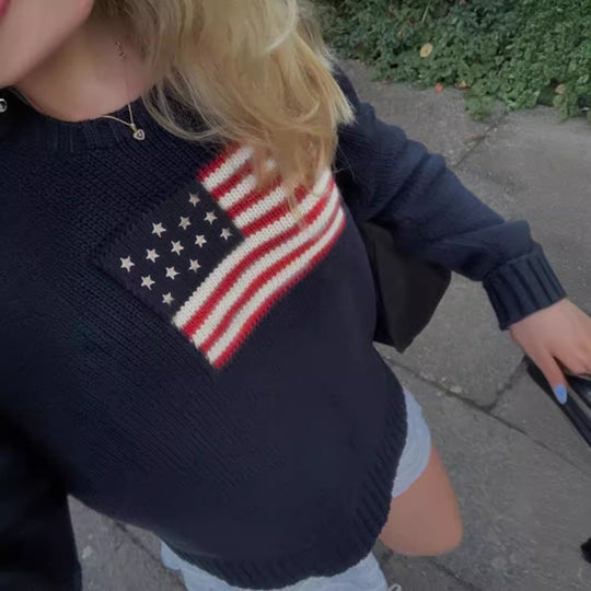 Damen Strickpullover mit amerikanischem Flaggenmotiv EB