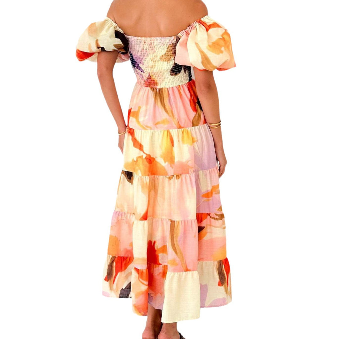 Damen Maxikleid mit voluminösen Puffärmeln und floralen Akzenten EB