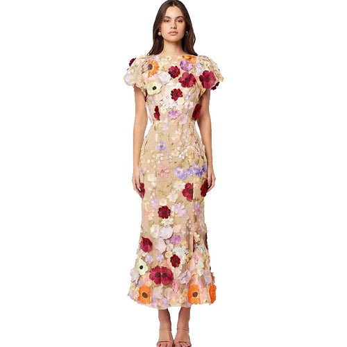 Damen Blumenkleid mit 3D-Blütenapplikationen EB