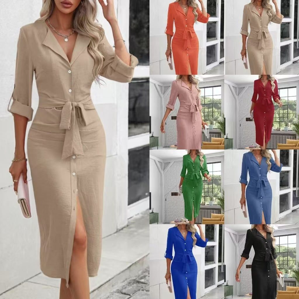 Damen Midikleid mit stilvollem Knopf-Design und eleganter Gürtelbindung Heidi-Mode