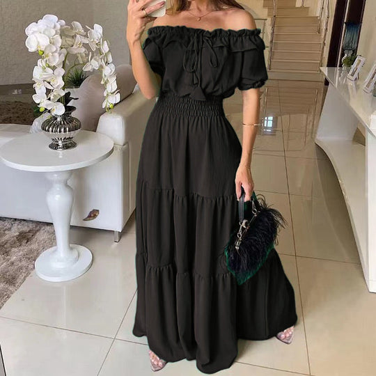 Damen Maxikleid mit Schulterfreiem Design und Voluminösen Rüschen EB