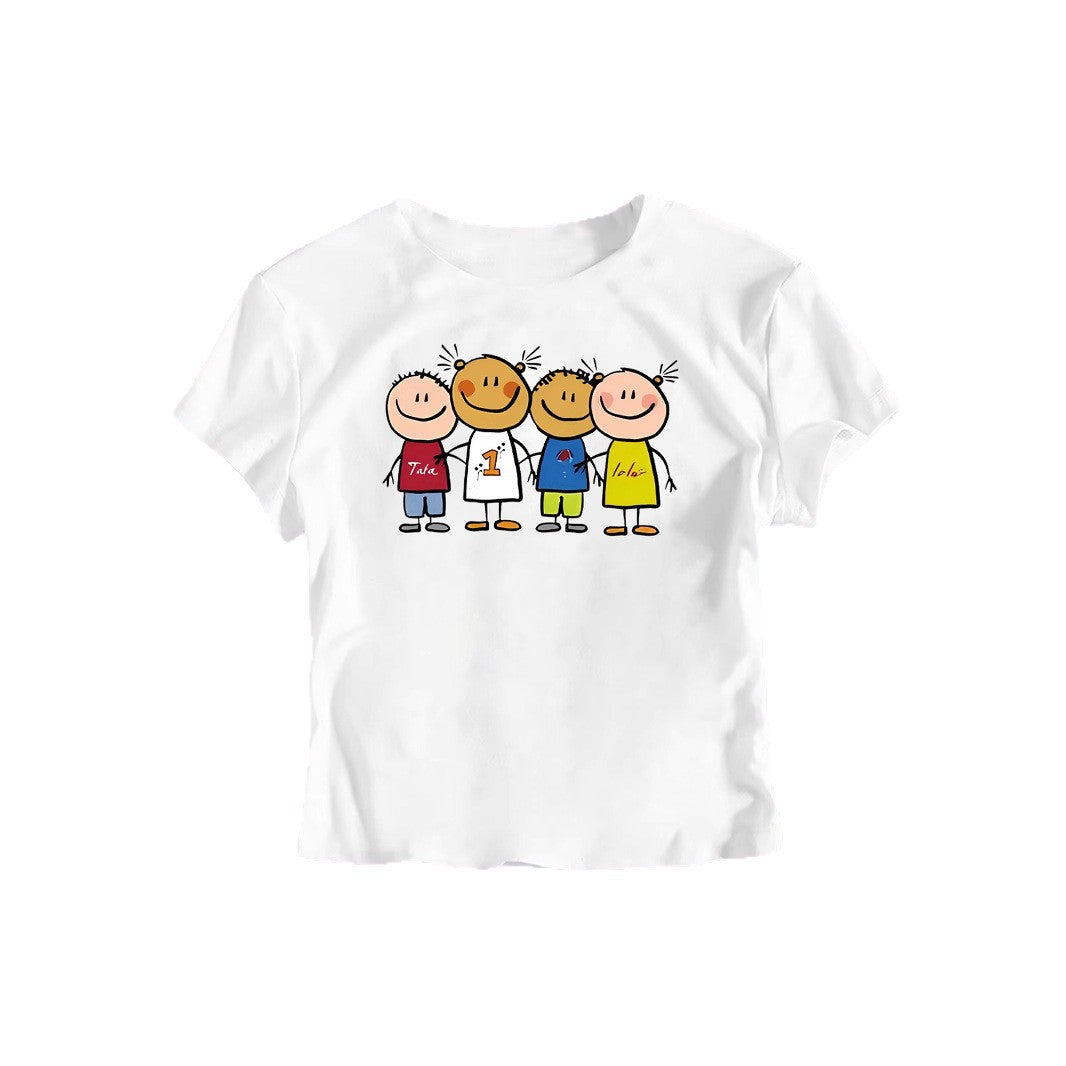 Damen Crop-T-Shirt mit kreativem Kinderzeichnungsmuster EB