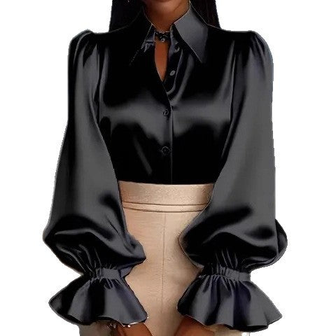 Damen elegante Seidenbluse mit Puffärmeln und schicker Knopfleiste EB
