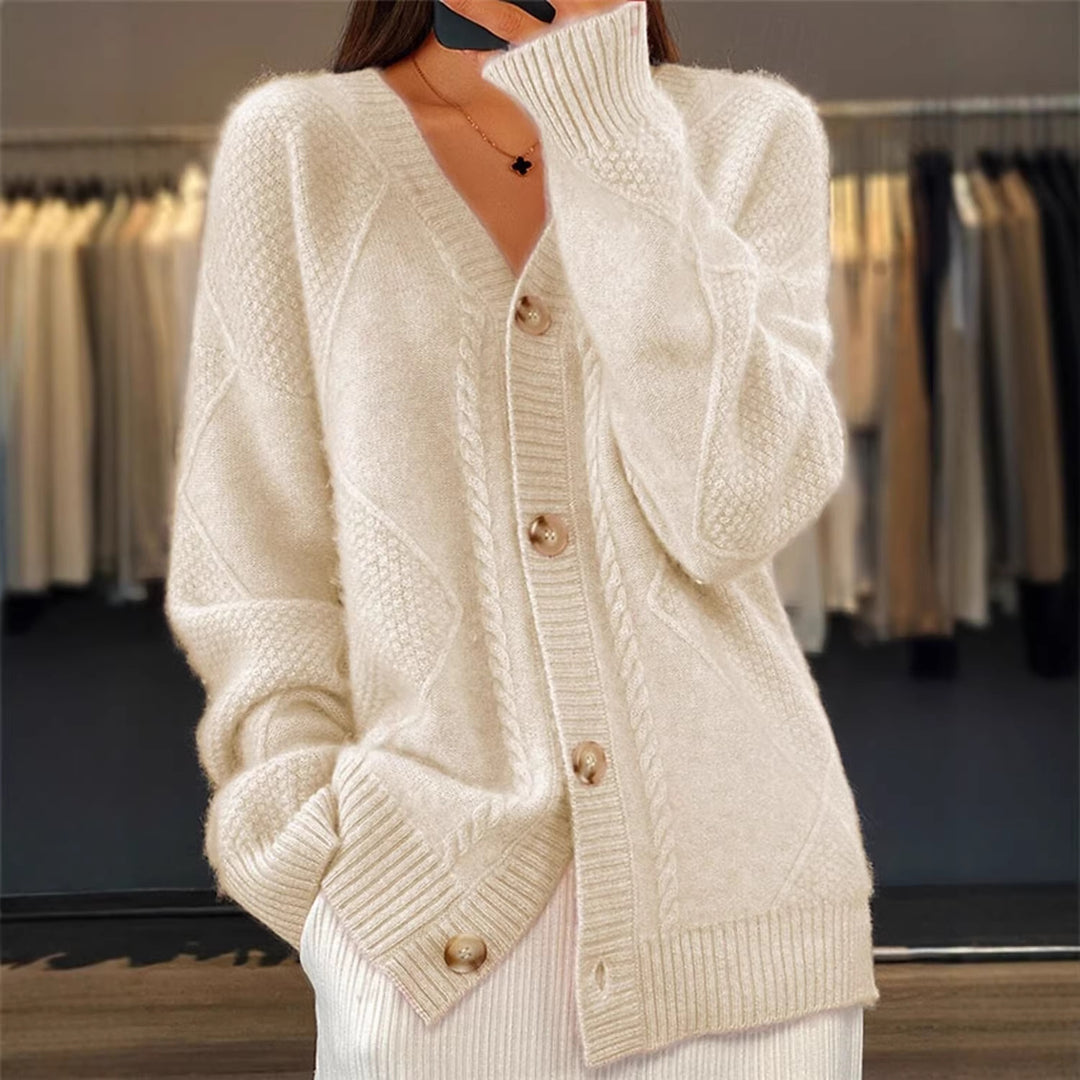 Damen nan Oversize Strickcardigan mit Zopfmuster V-Ausschnitt und Perlmuttknöpfen EB